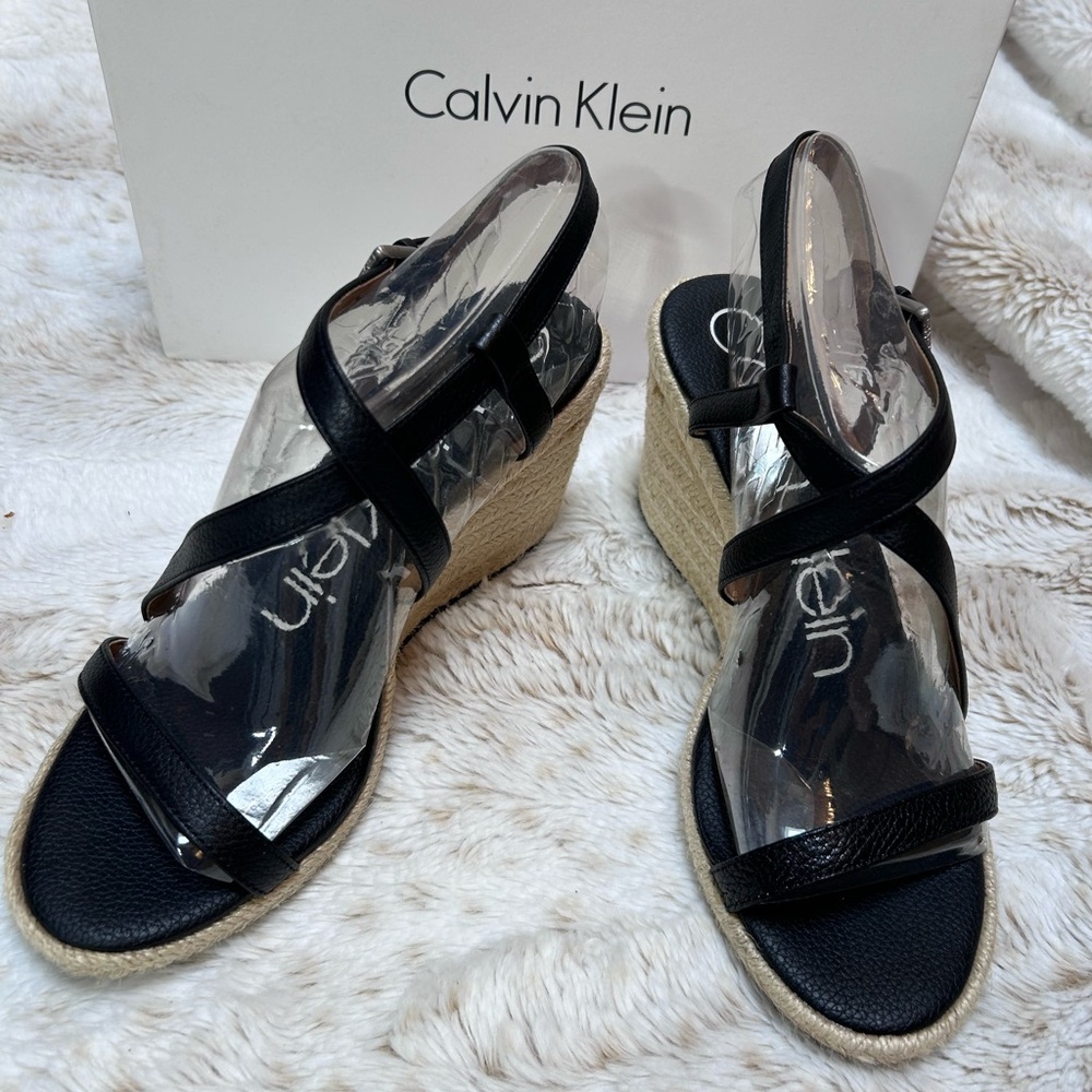 Calvin Klein Black Espadrille Wedge Sandals Bellemine Pebble Grain